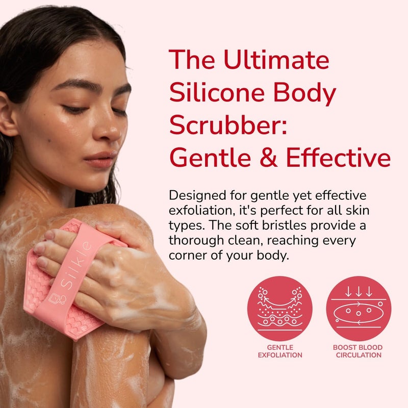 SILKLE Silicone Body Scrubber – Gentle Exfoliating Shower Scrubber for Body & Bath, Silicone Shower Brush & Loofah Alternative – Non-Slip Silicone Body Brush, Quick Dry, Hygienic - Pink - Image 3